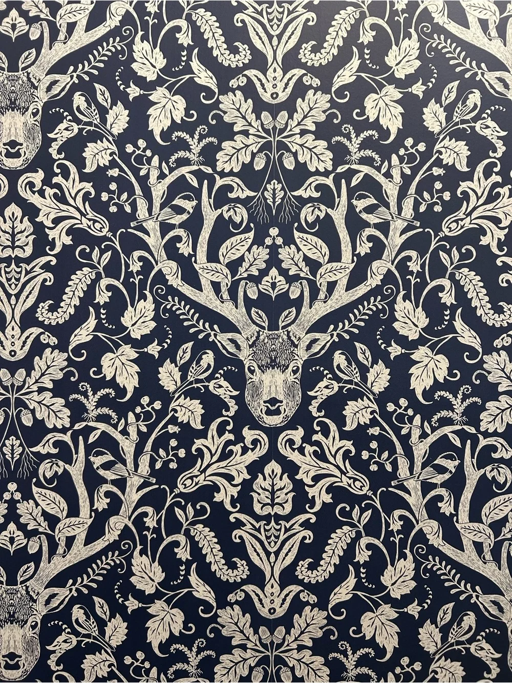 Chesapeake Kiwassa Antler Damask Wallpaper.  Navy and white.